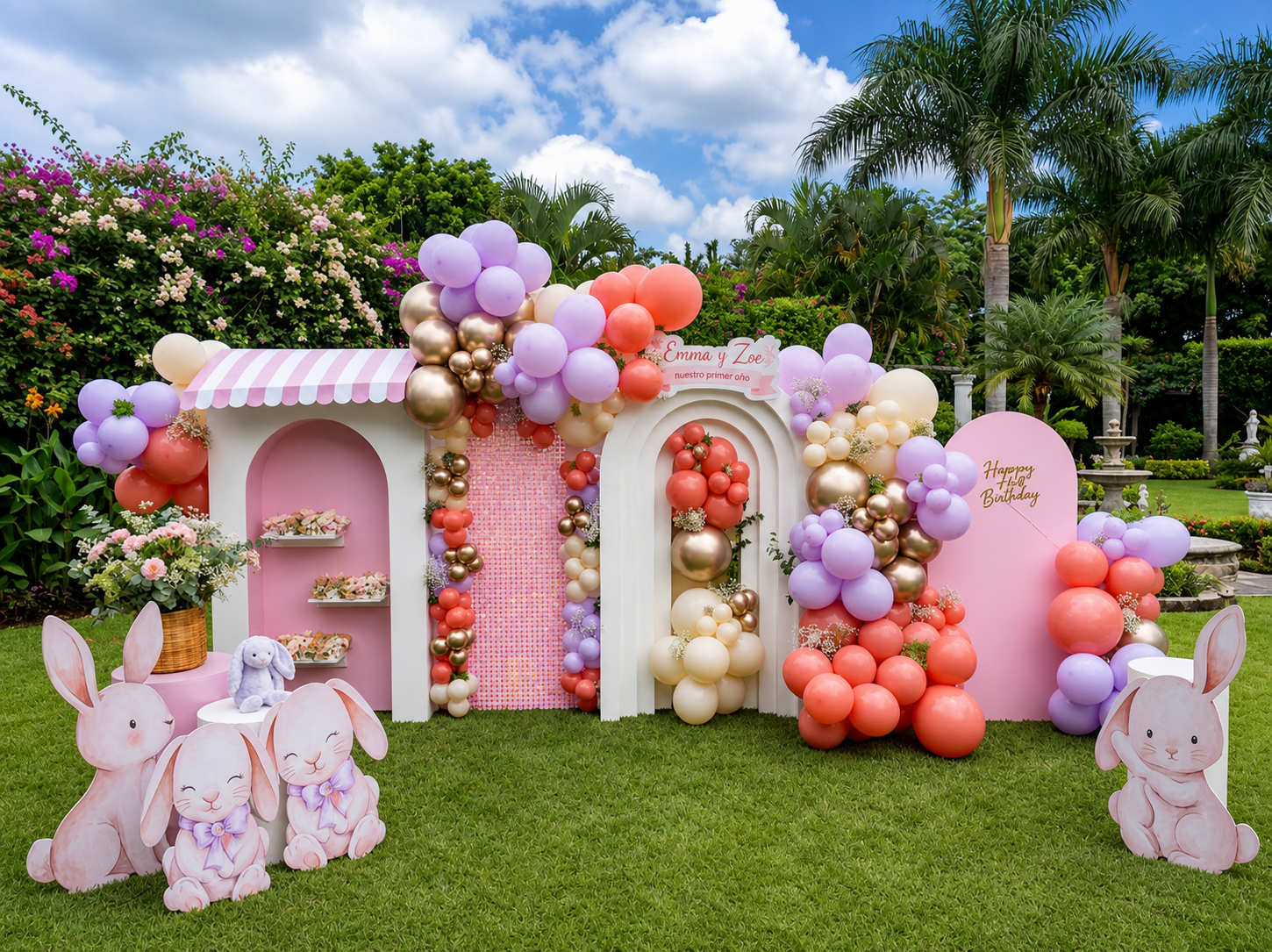 Escenografía de globos y arcos temáticos para cumpleaños Lumopop